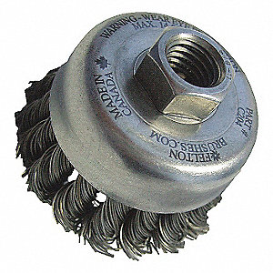 KNOT WIRE CUP BRUSH, 12250 MAX RPM, THREADED ARBOR, 3 1/2 IN, 0.020 IN WIRE, STEEL