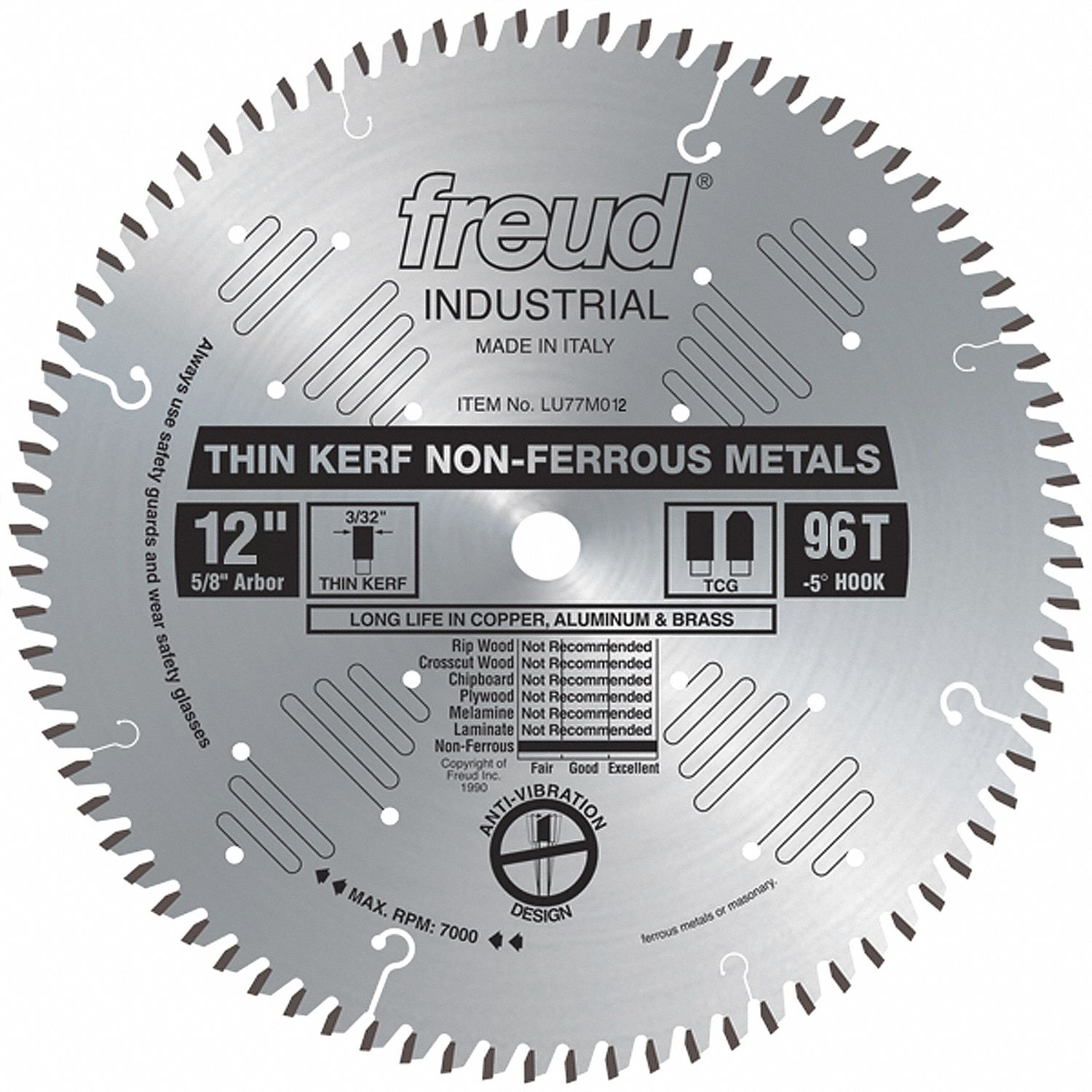 CIRCULAR SAW BLADE, TICO CARBIDE, 12 IN DIA, 96 TEETH, 1 IN, FOR NON-FERROUS METALS