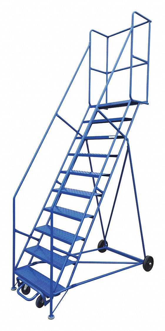 ROLLING AND CANTILEVER LADDER, BLUE, 73 IN D X 132 IN H, STEEL, POWDER COATED FINISH, UNASSEMBLED