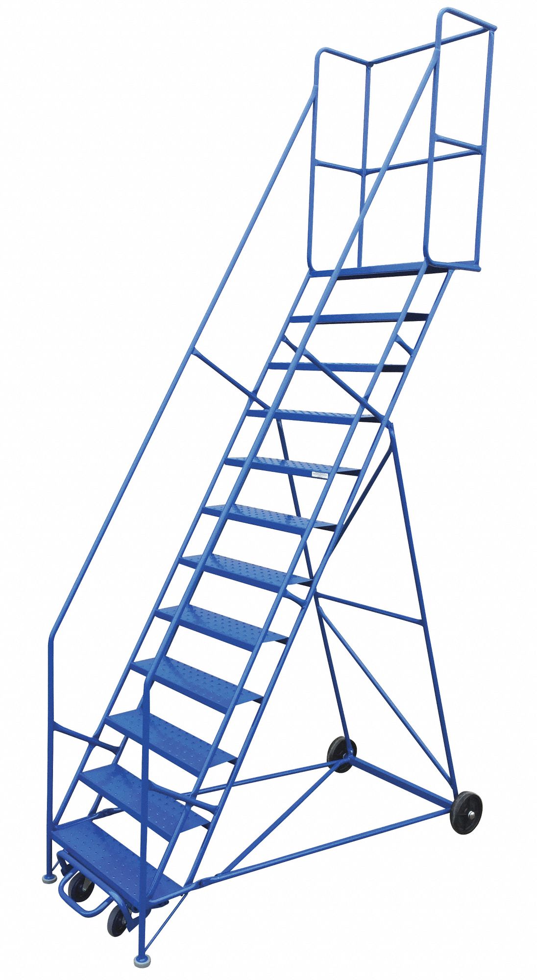 ROLLING LADDER, 12 STEP, HANDRAIL, FOOT LOCK, 14 FT 6 IN WORKING HEIGHT, STEEL