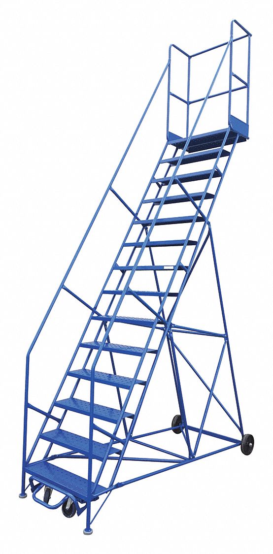 ROLLING AND CANTILEVER LADDER, BLUE, 93 IN D X 168 IN H, STEEL, POWDER COATED FINISH, UNASSEMBLED
