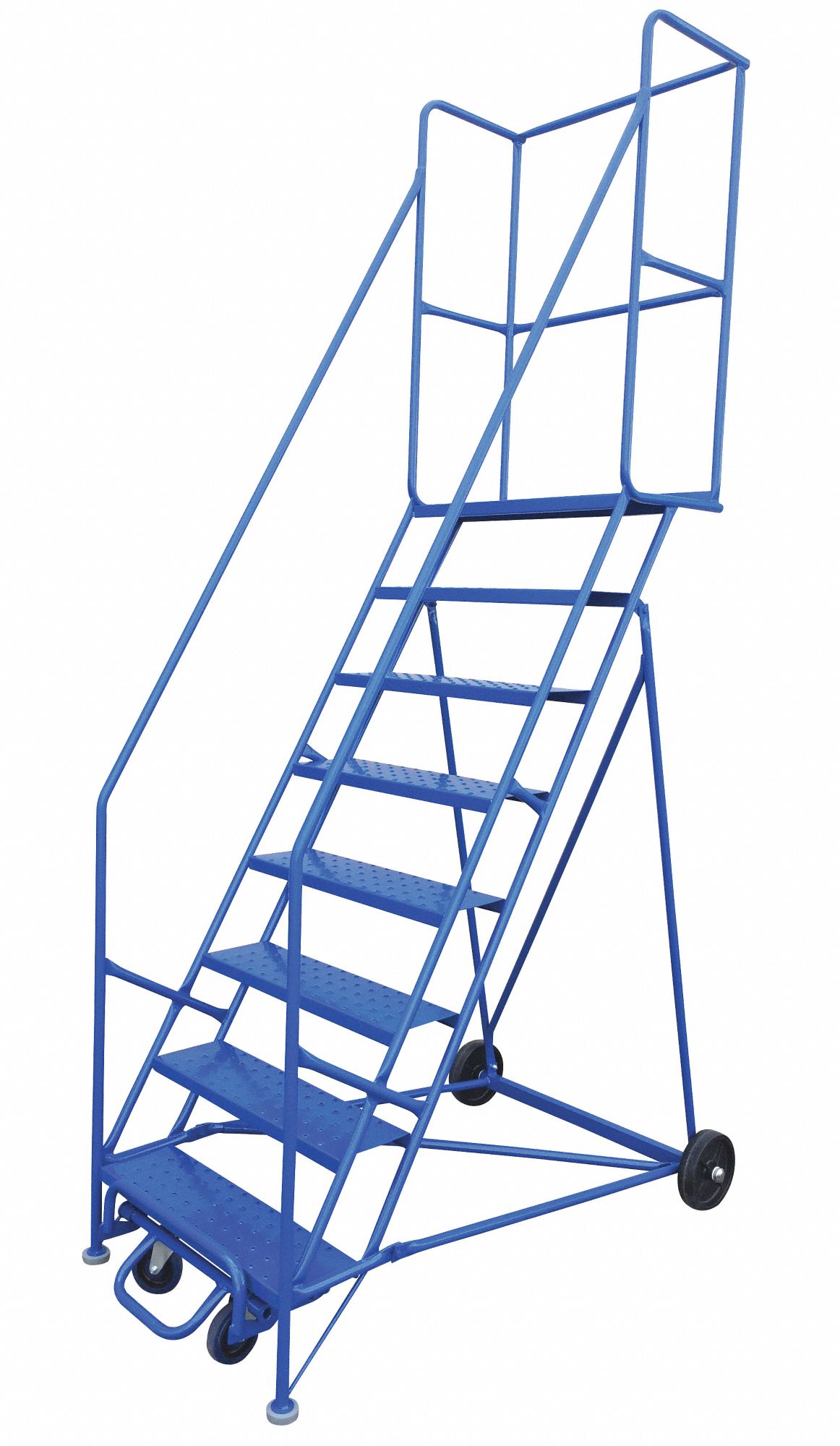 ROLLING LADDER, 8-STEP/RAILS/LOCK/ANSI 14.7/OSHA 1910.29, 72 IN TOP, 36X15 IN, BLUE, PAINTED STEEL