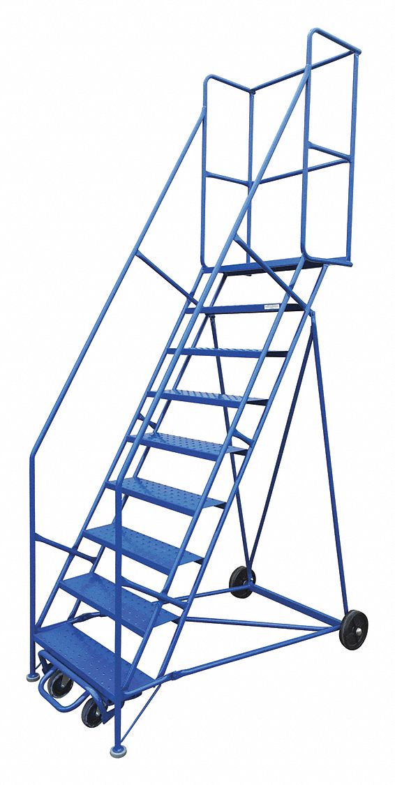 ROLLING LADDER, 9-STEP/RAILS/LOCK/ANSI 14.7/OSHA 1910.29, 72 IN TOP, 36X15 IN, BLUE, PAINTED STEEL