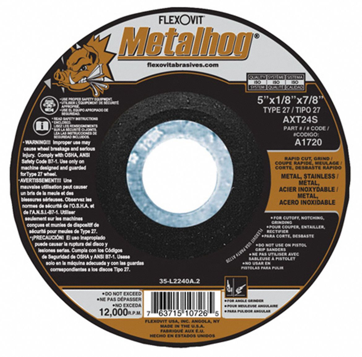 CUTTING/GRINDING WHEEL, 12,000 RPM, 24 GRIT, TYPE 27, 5 X 1/8 IN, 7/8 IN ARBOR, ALUMINUM OXIDE