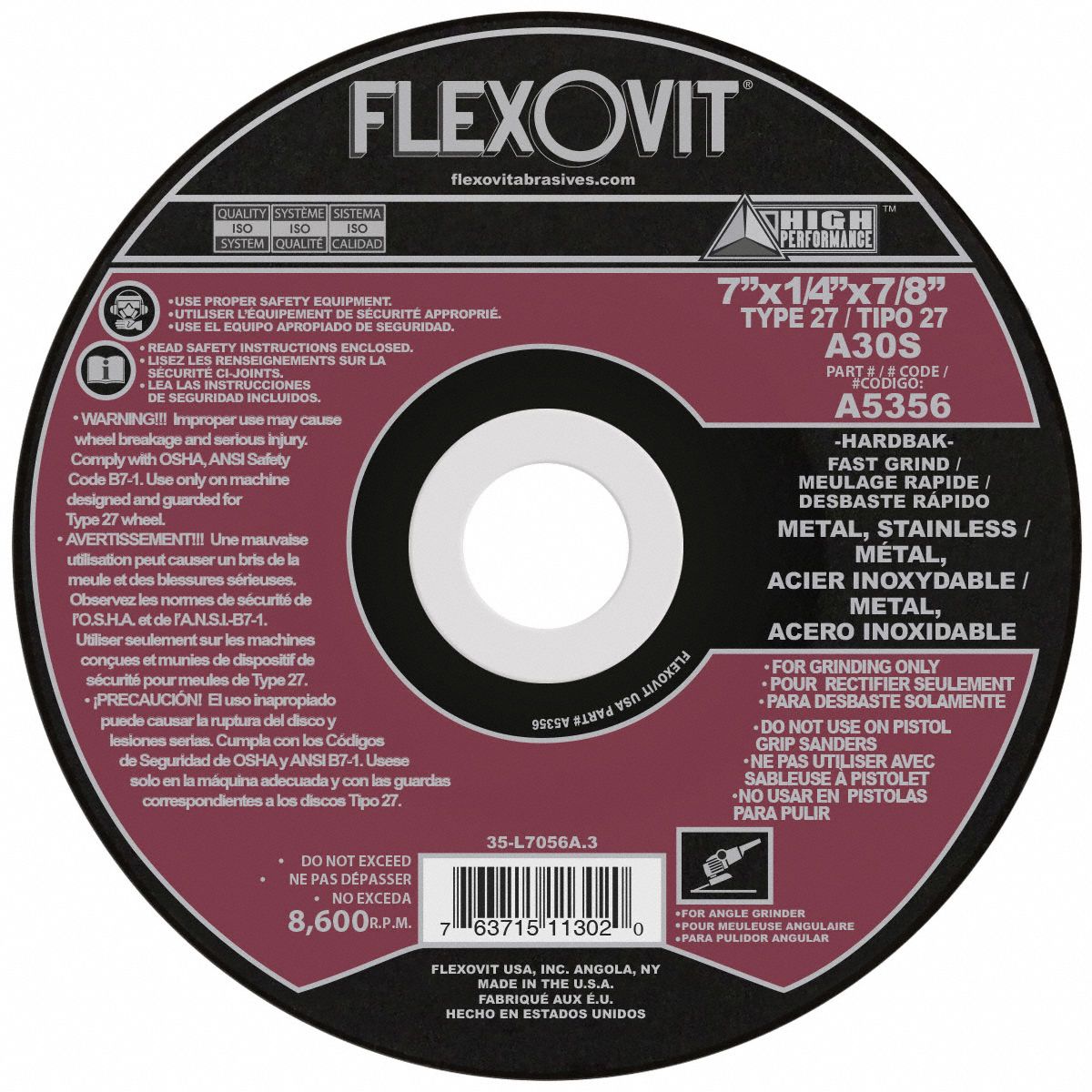 MEULE,GRAIN 30,TP 27,8,600 TR/MIN,7 X 1/4 PO,ARB 7/8 PO,OXYDE AL