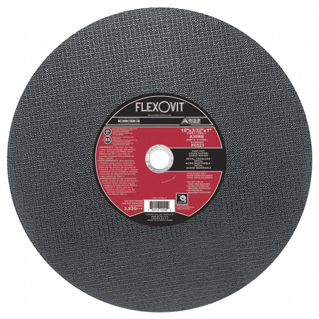 CUT-OFF WHEEL, HIGH PERFORMANCE, BURR-FREE, TYPE 1, 30 GRIT, 3,820 RPM, 16 X 3/32 X 1 IN