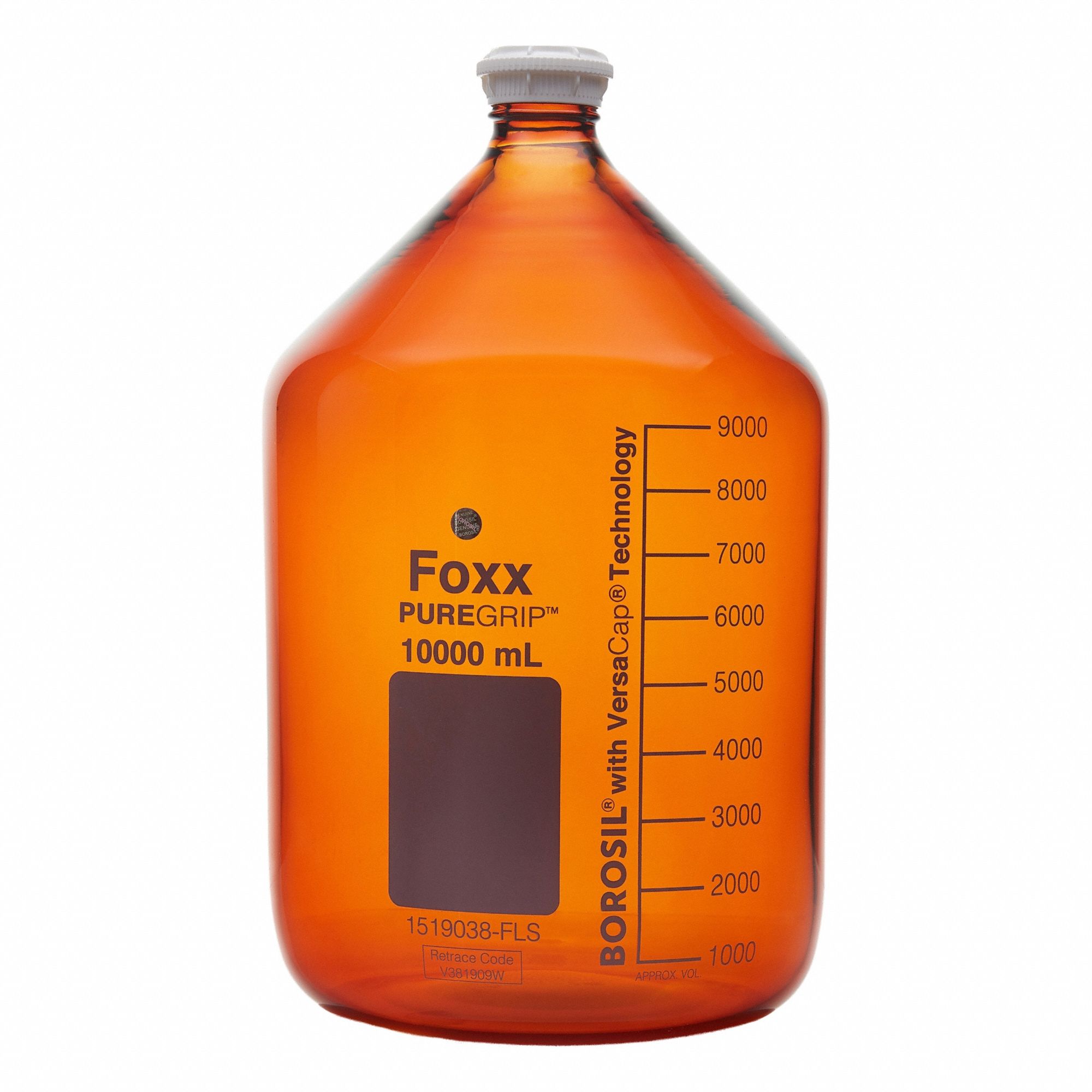 FOXX LIFE SCIENCES Glass Media, BOD, & Specialty Lab Bottles - Glass Lab Media Bottles: 20 L, GL45 (MPN 1519040-FLS). Key specifications — Closure Type: Screw-On; Mouth Size: Wide; Screw Closure Size: GL45; Brand: FOXX LIFE SCIENCES; Body Color: Amber.