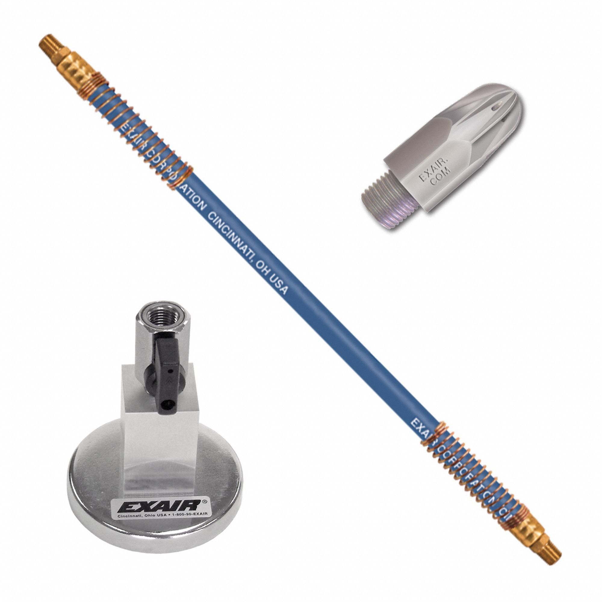 EXAIR Blow Off Station: 10 scfm Air Consumption, Focused, 250 psi Air Pressure, 18 in Hose Lg (MPN 1103-9368). Key specifications — attr1341131: EXAIR; attr1341162: Air Nozzle; attr1341142: 1103 Mini Super Air Nozzle; attr1341129: Focused.