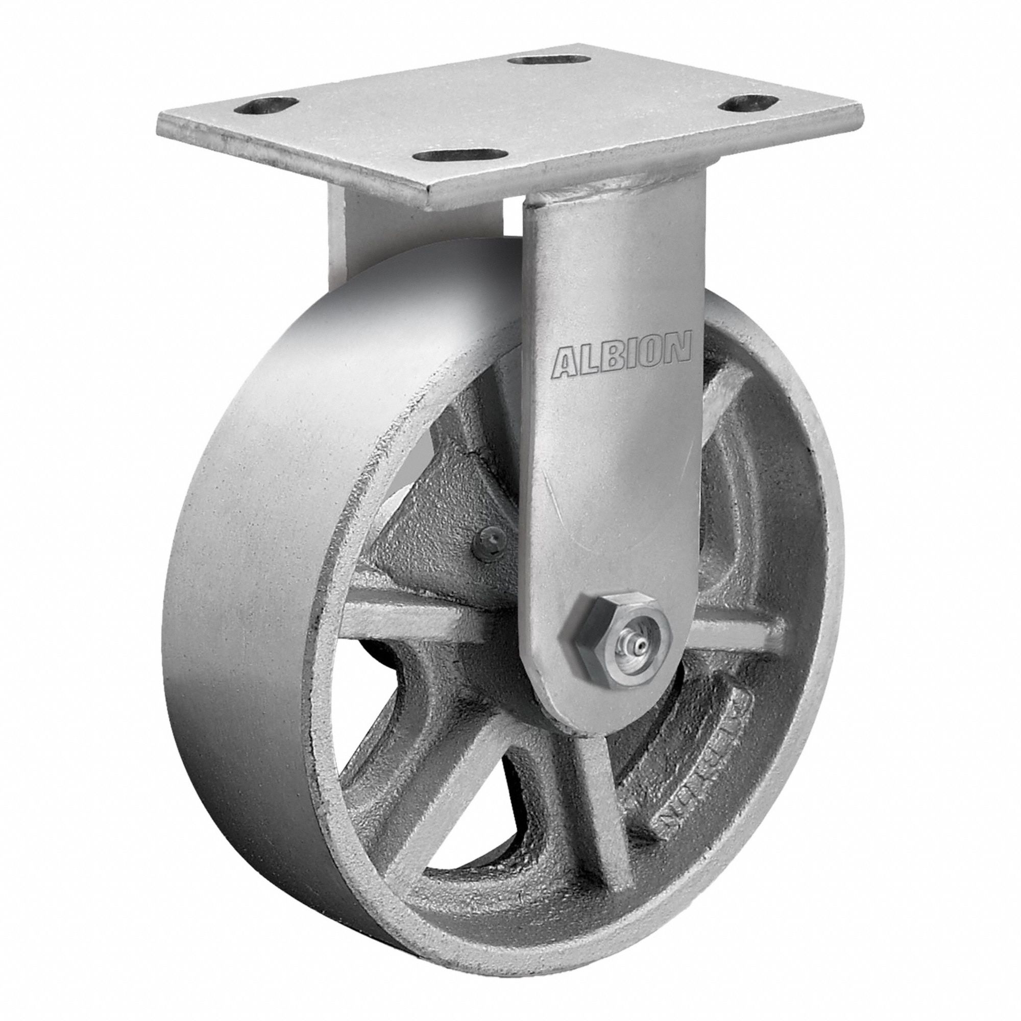 Plate Caster: Rigid, Iron, 4 in Wheel Dia, 2 in Wheel Wd, 5 5/8 in Mounting Ht, Rectangle