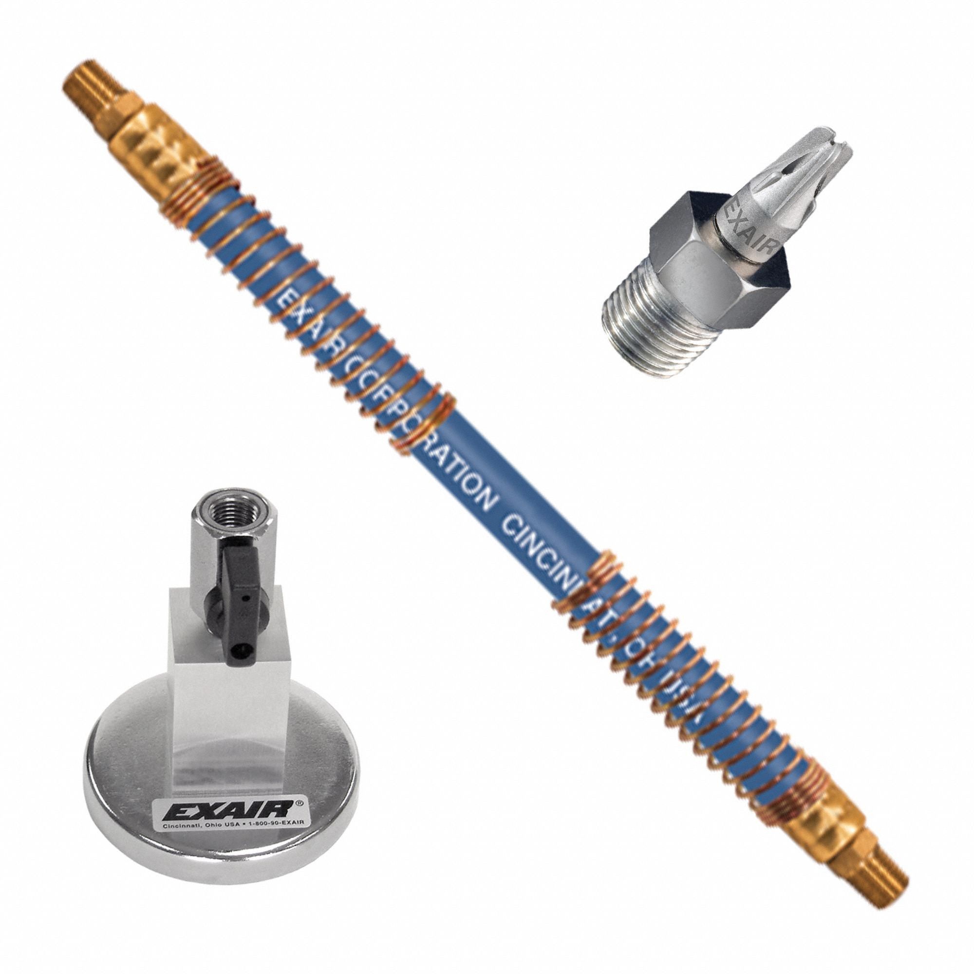 EXAIR Blow Off Station: 8.3 scfm Air Consumption, Focused, 250 psi Air Pressure, 12 in Hose Lg (MPN 1110SS-NPT-9362). Key specifications — attr1341131: EXAIR; attr1341162: Air Nozzle; attr1341142: Mini Shut Off Valve and Single Outlet Magnetic Base; attr1341129: Focused.