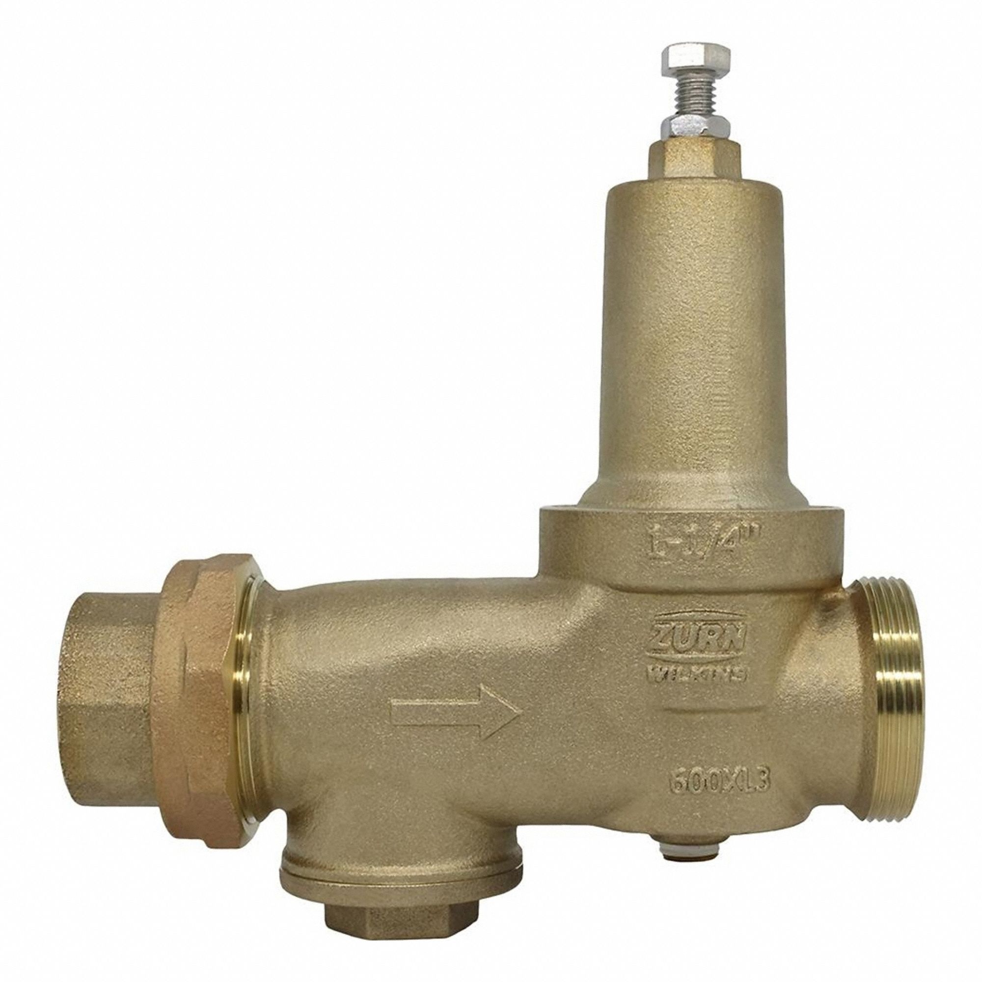 WILKINS Pressure Reducing Valve: FNPT x FNPT, 1 1/4 in Pipe Size, Brass, 15 psi to 75 psi, NPT x NPT (MPN 114-600XL3). Key specifications — Brand: WILKINS; Low-Lead Compliance: Low-Lead Compliant.