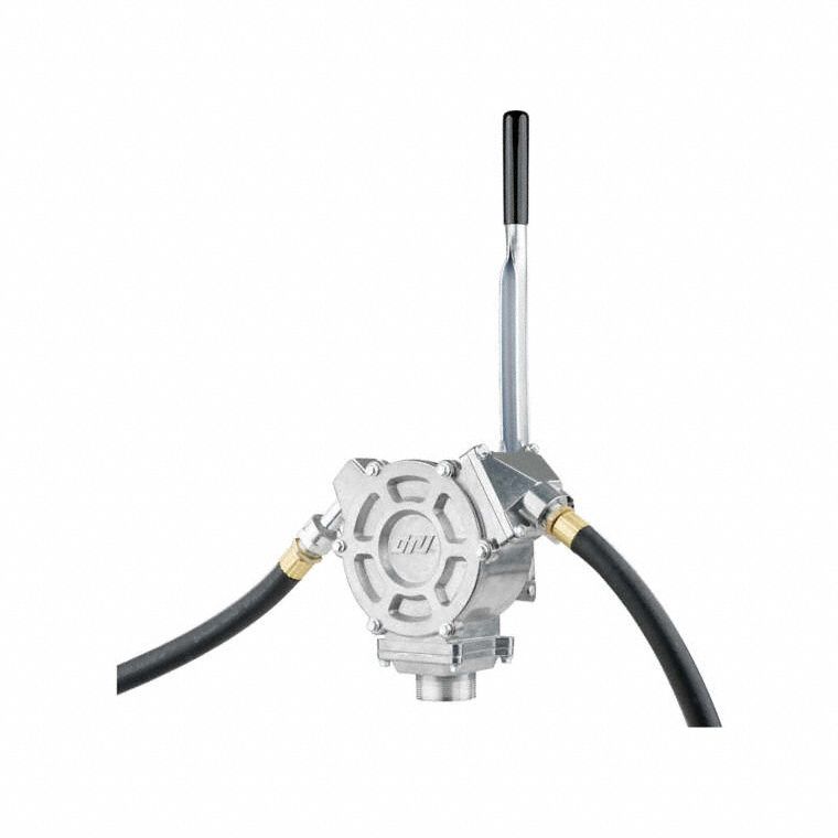 GPI Hand Pump: Lever Action, Pump with Hose & Spout, Aluminum Housing, 0.5 gal per stroke (MPN 114000-10). Key specifications — Brand: GPI; Housing Material: Aluminum; Maximum Flow Rate: 0.5 gal per stroke; Suction Tube Material: PP.