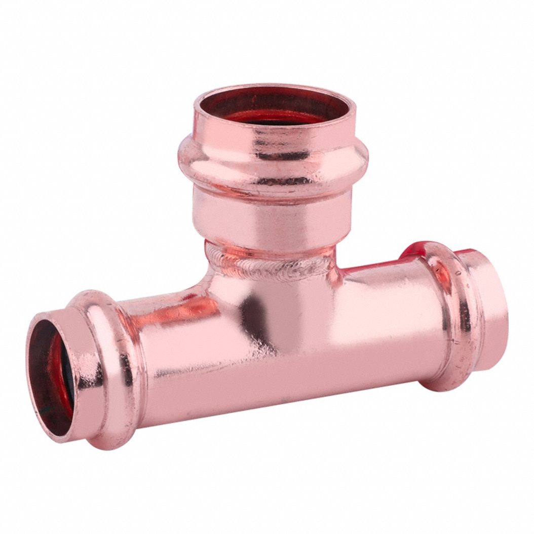 Crimp Tee Fitting: Tee, 1 in CTS x 1 in CTS x 1 1/4 in CTS size, Rolled Center Stop