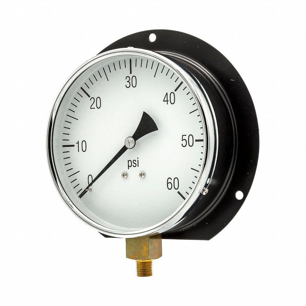 Pressure Gauge: 0 psi / Hg to 60 psi, 6 in Dial, 1/4 in NPT Male, Bottom, Copper