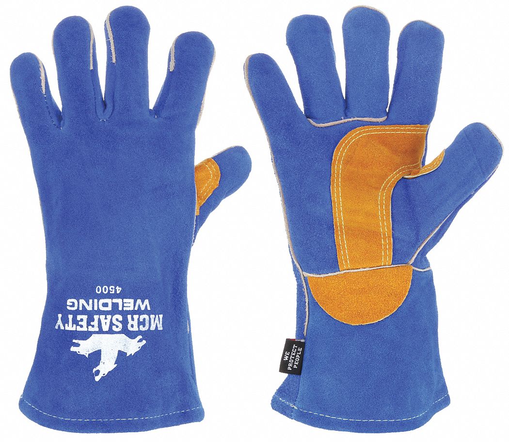 Welding Gloves: Wing Thumb, Gauntlet Cuff, Premium, Blue Cowhide, MCR Safety Welding 4500, 1 PR