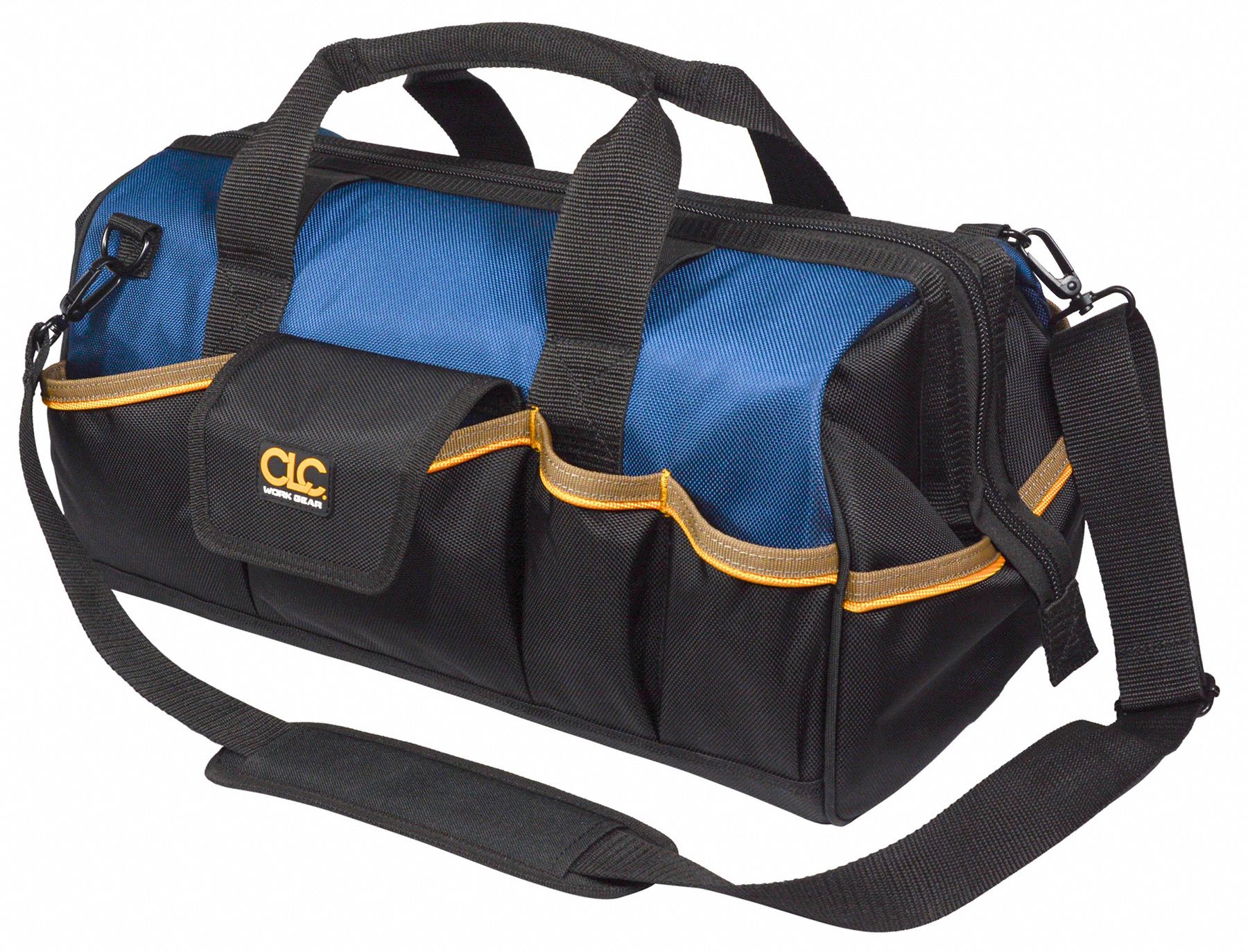 Tool Bag: 18 in W x 11 in D x 12 in H, Black, Polyester, 25 Pockets, 12 Inside Pockets