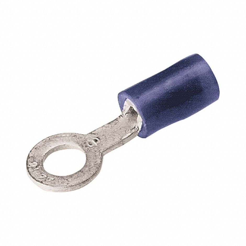 BURNDY Nylon Ring Terminal For 16 - 14 AWG: Blue, Nylon Insulation, #12/1/4 in Stud Size, 600 V (MPN TN1414). Key specifications — attr1308027: BURNDY; attr1356587: Funnel Entry.