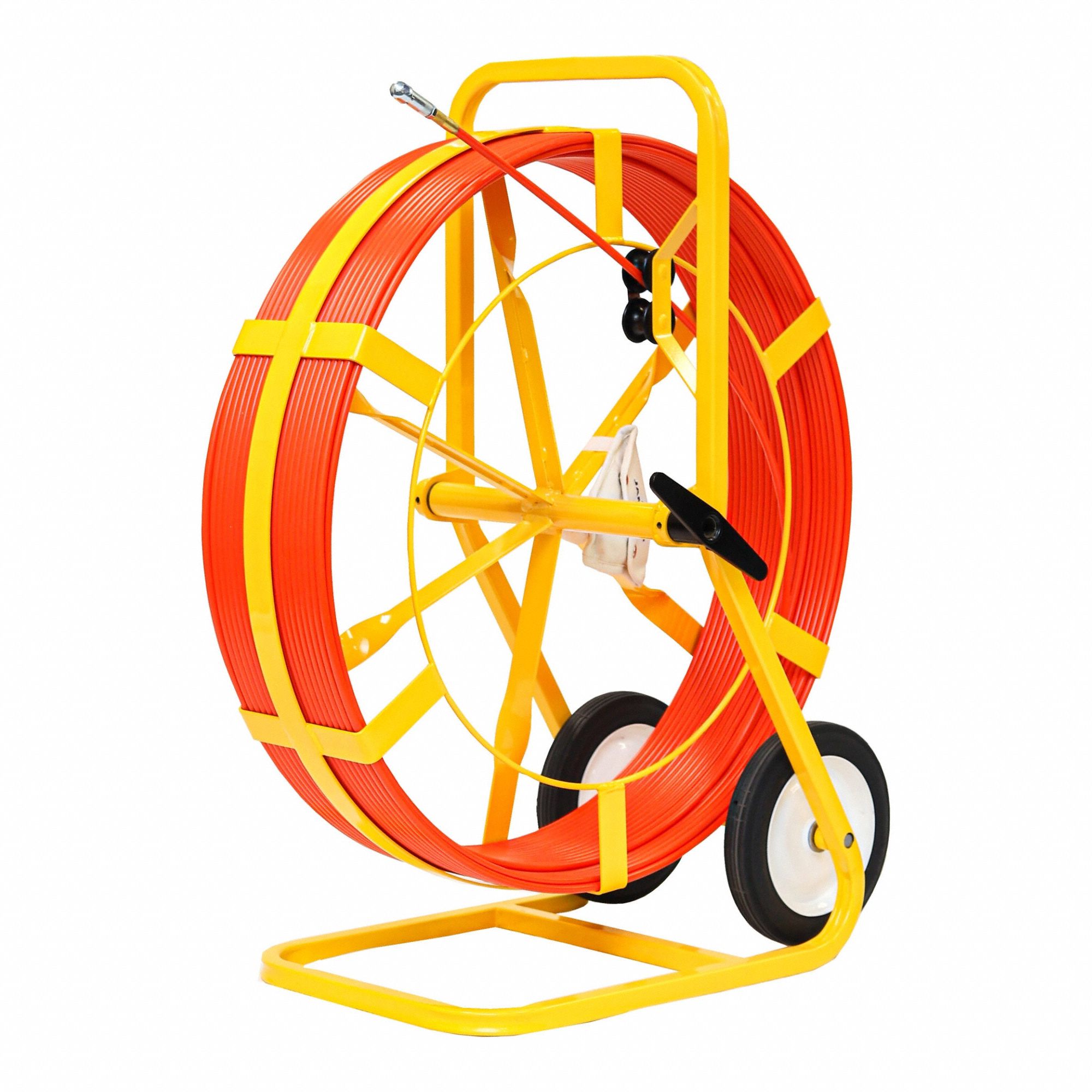 Marked Fish Tape: 600 ft Lg, 32 in Case Dia, Round, Fiberglass, Frame Case, 3/8 in Tape Wd