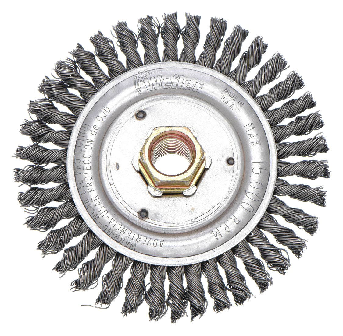 WIRE WHEEL BRUSH, STEEL STRINGER BEAD, 4½ IN DIAMETER X 3/16 IN W, 5/8