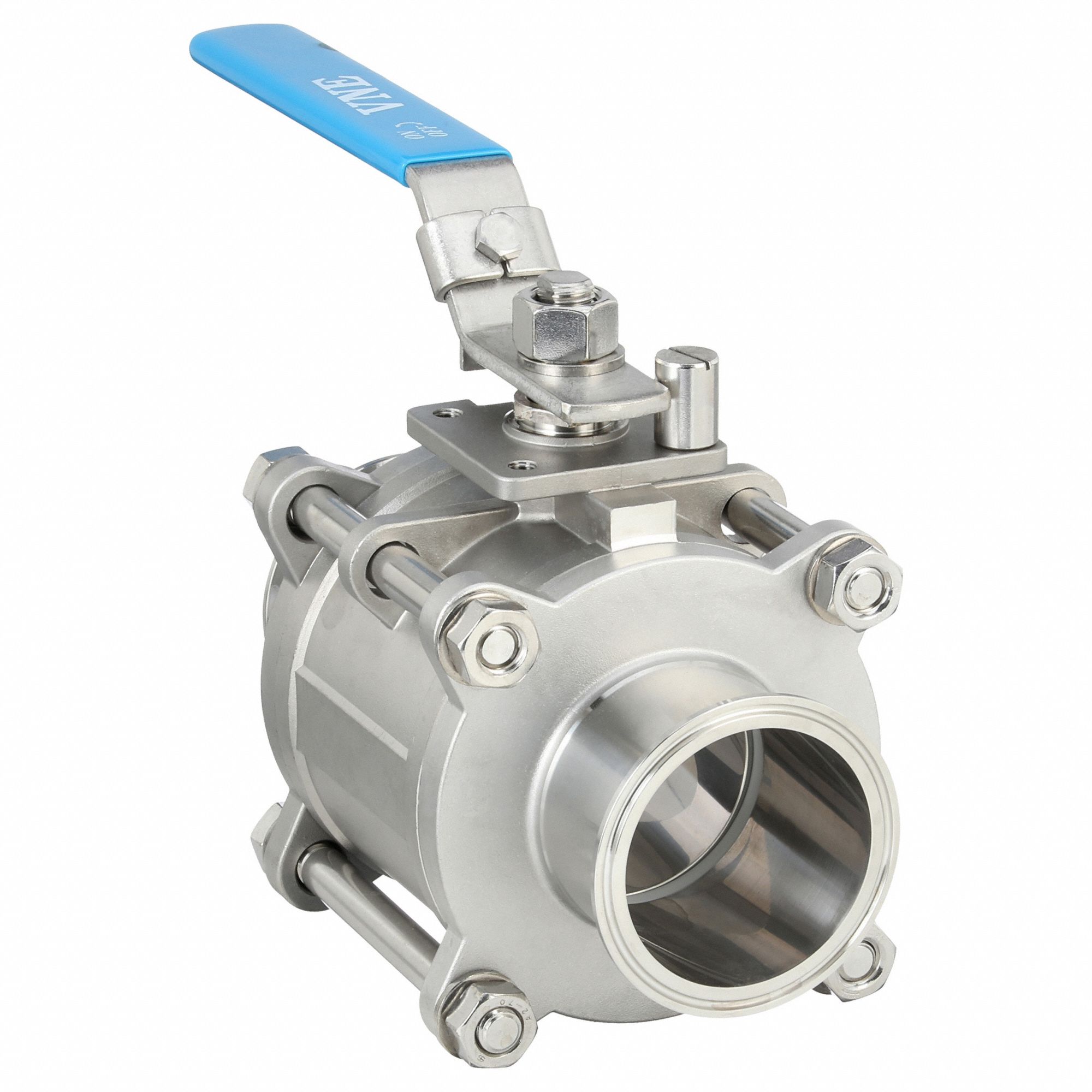 Manual Two-Way Ball Valve: 3 in, 316 Stainless Steel, Straight, Clamp x Clamp