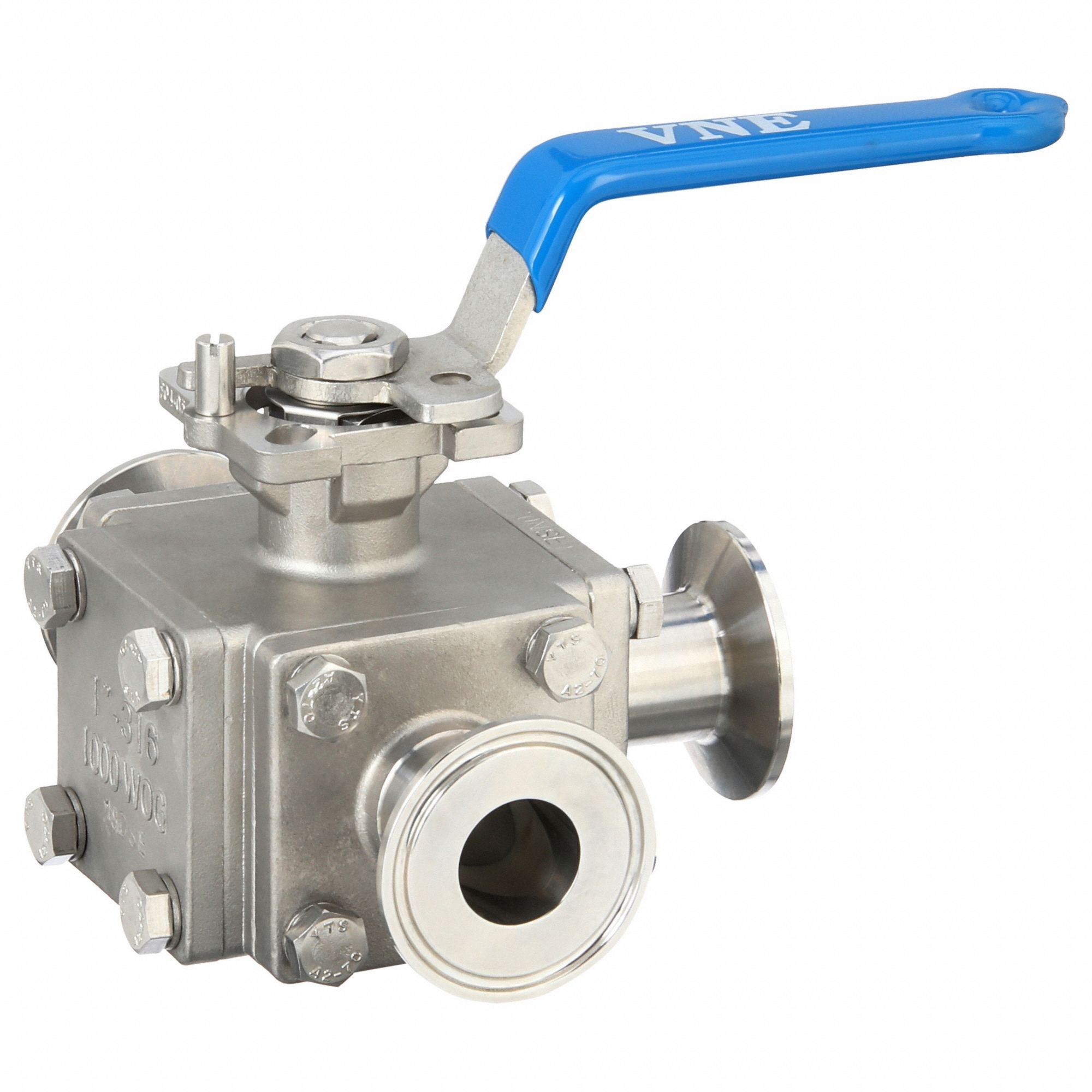 Manual Three-Way Ball Valve: 1 1/2 in, 316 Stainless Steel, L Flow, Full Port Ball Port