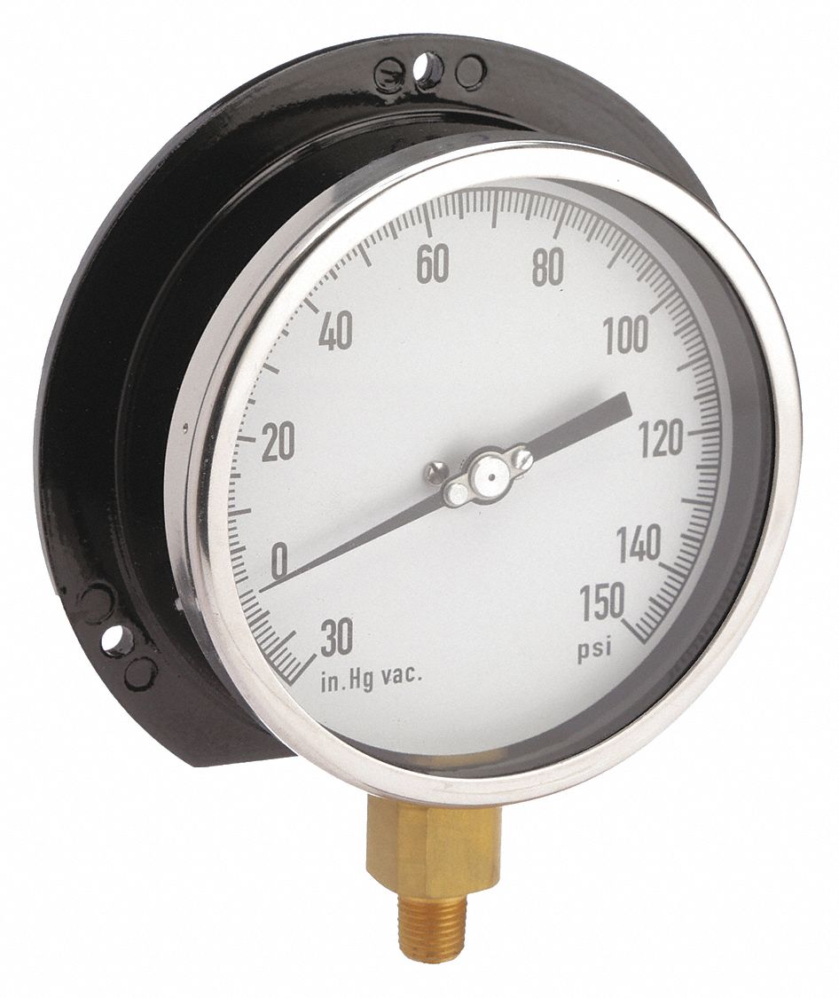 GRAINGER APPROVED Compound Gauge, 30 in Hg Vac to 150 psi Range, 1/4 in