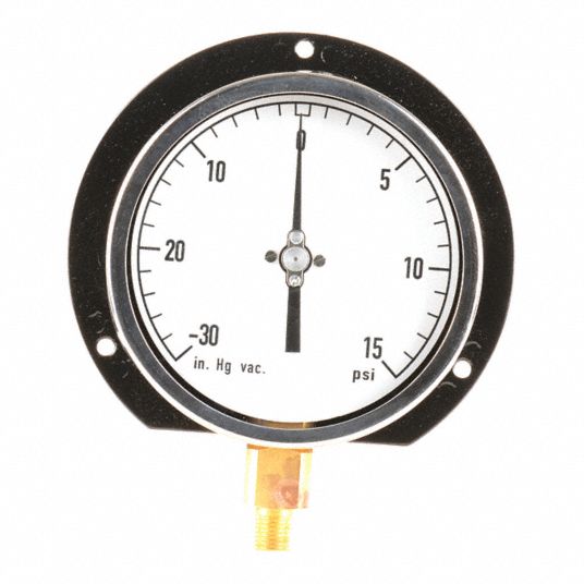 GRAINGER APPROVED Compound Gauge, 30 in Hg Vac to 15 Psi Range, 1/4 in