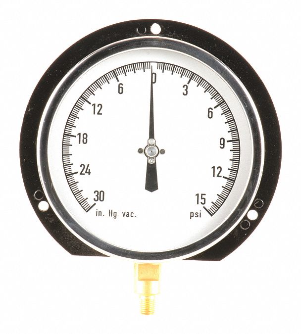 GRAINGER APPROVED Compound Gauge, 30 in Hg Vac to 15 Psi Range, 1/4 in NPT, +/0.50 Gauge