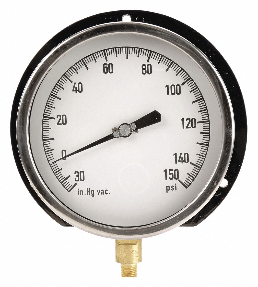 GRAINGER APPROVED Compound Gauge, 30 in Hg Vac to 150 Psi Range, 1/4 in