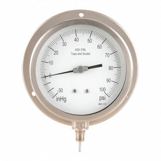 GRAINGER APPROVED Compound Gauge, 30 in Hg Vac to 100 psi Range, 1/4 in