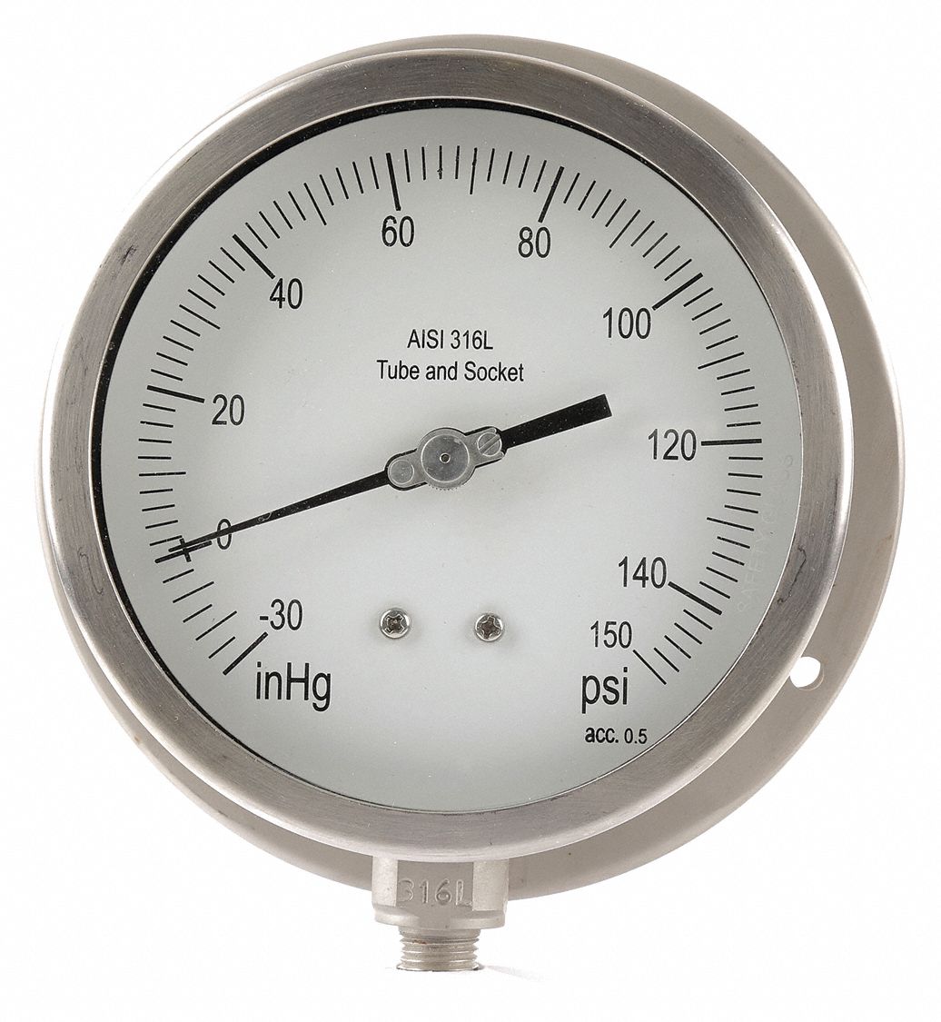 GRAINGER APPROVED Compound Gauge, 30 in Hg Vac to 150 psi Range, 1/4 in
