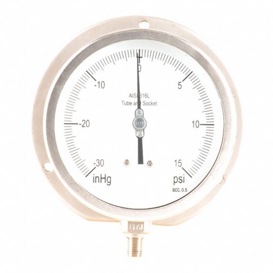 GRAINGER APPROVED Compound Gauge, 30" Hg Vac to 15 psi Range, 1/4" NPT