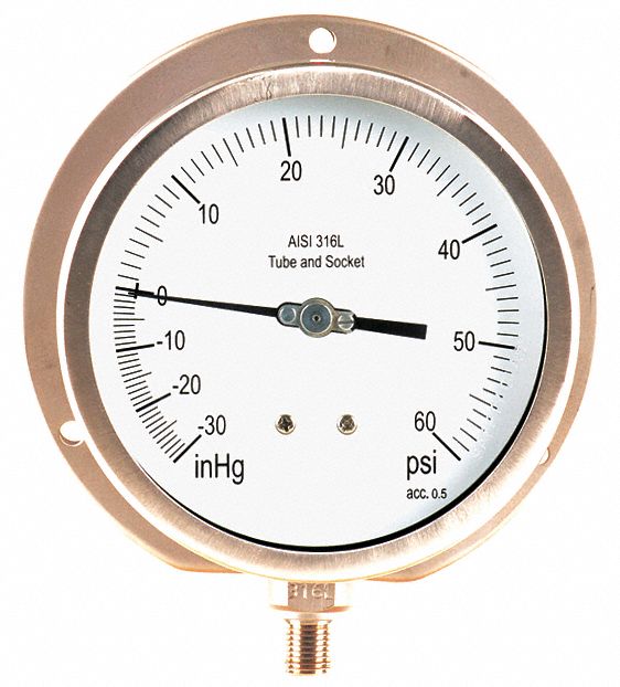 GRAINGER APPROVED Compound Gauge, 30 in Hg Vac to 60 Psi Range, 1/4 in