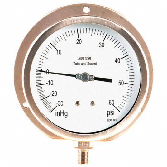 GRAINGER APPROVED Compound Gauge, 30 in Hg Vac to 60 Psi Range, 1/4 in