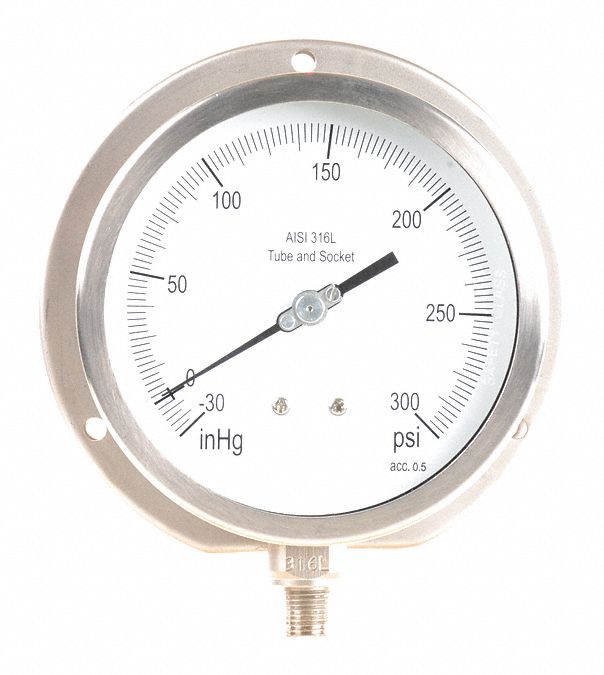 GRAINGER APPROVED Compound Gauge, 30 in Hg Vac to 300 Psi Range, 1/4 in