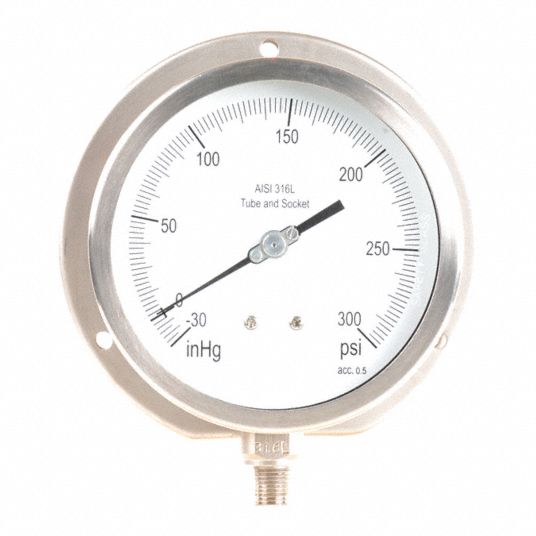 GRAINGER APPROVED Compound Gauge, 30 in Hg Vac to 300 Psi Range, 1/4 in