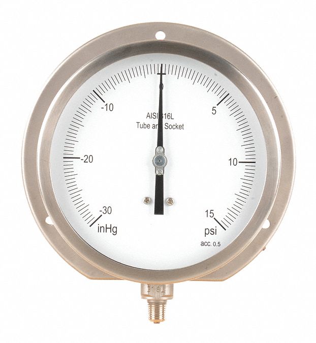 GRAINGER APPROVED Compound Gauge, 30 in Hg Vac to 15 psi Range, 1/4 in