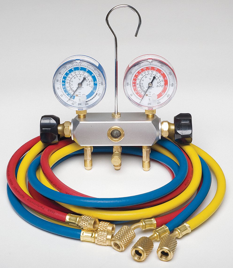MANIFOLD GAUGE SET, 2 VALVES, 3 HOSES, 2¾ IN GAUGE DIA
