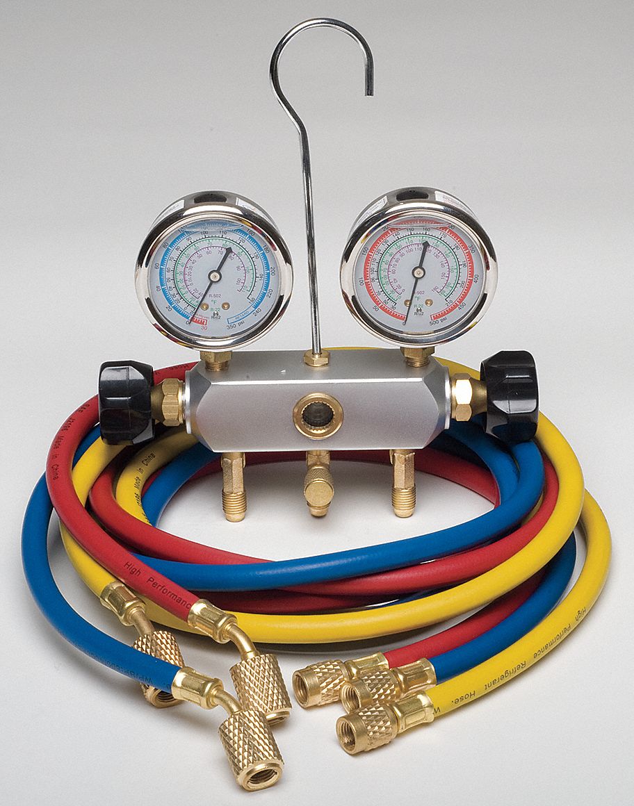 MANIFOLD GAUGE SET, 2 VALVES, 3 HOSES, 2¾ IN GAUGE DIA