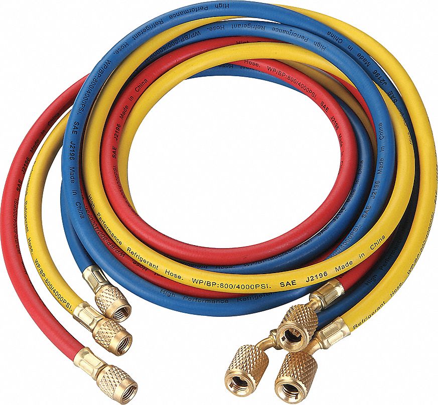 HOSE SET, CHARGING, 6 FT L, 30 ° , BLUE/RED/YELLOW, 3 HOSES, SHUT-OFF VALVE, RUBBER
