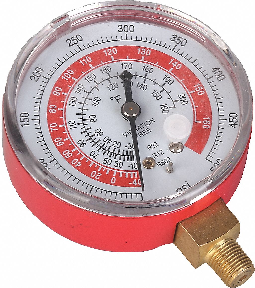 HIGH SIDE GAUGE, HIGH SIDE GAUGE, 0 TO 500 PSI, NON-LIQUID FILLED, 2¾ IN DIAMETER, RED
