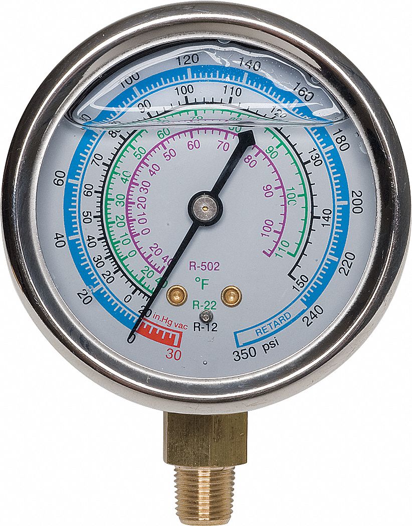 LOW SIDE GAUGE, LOW SIDE GAUGE, 0 TO 350 PSI, LIQUID FILLED, 2¾ IN DIAMETER, BLUE, ANALOG