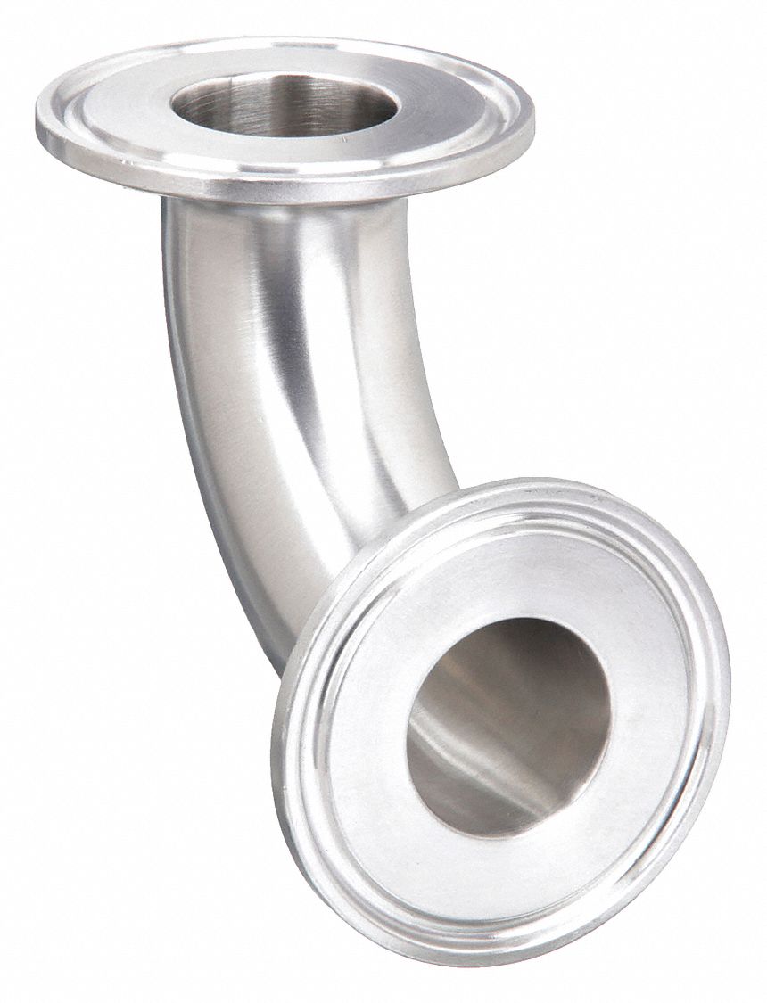 Sanitary Fitting Elbow: 1 1/2 in OD x 1 1/2 in OD Size, Clamp, Stainless Steel