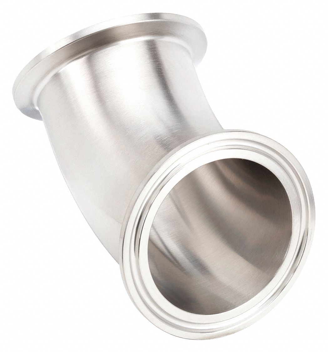 Sanitary Fitting Elbow: 1 1/2 in OD x 1 1/2 in OD Size, Clamp, Stainless Steel