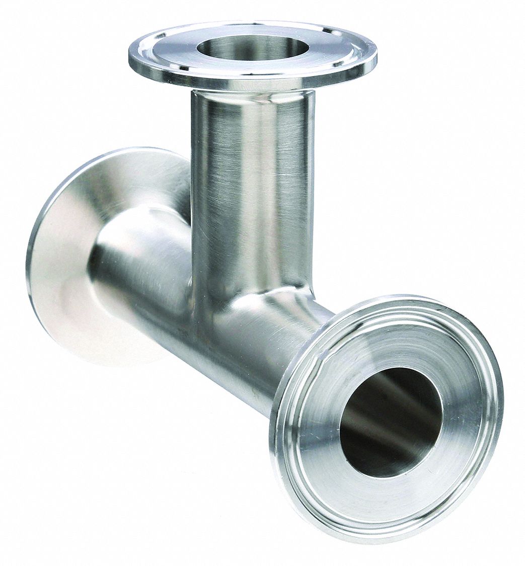 Sanitary Tee Fitting: 4 in OD x 4 in OD x 4 in OD Size, Clamp, Stainless Steel