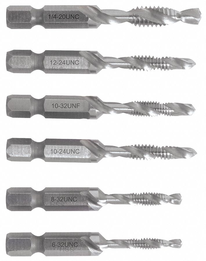 COMBINATION DRILL & TAP SET, 6 PIECES, HIGH SPEED STEEL, BRIGHT/UNCOATED FINISH, UNC