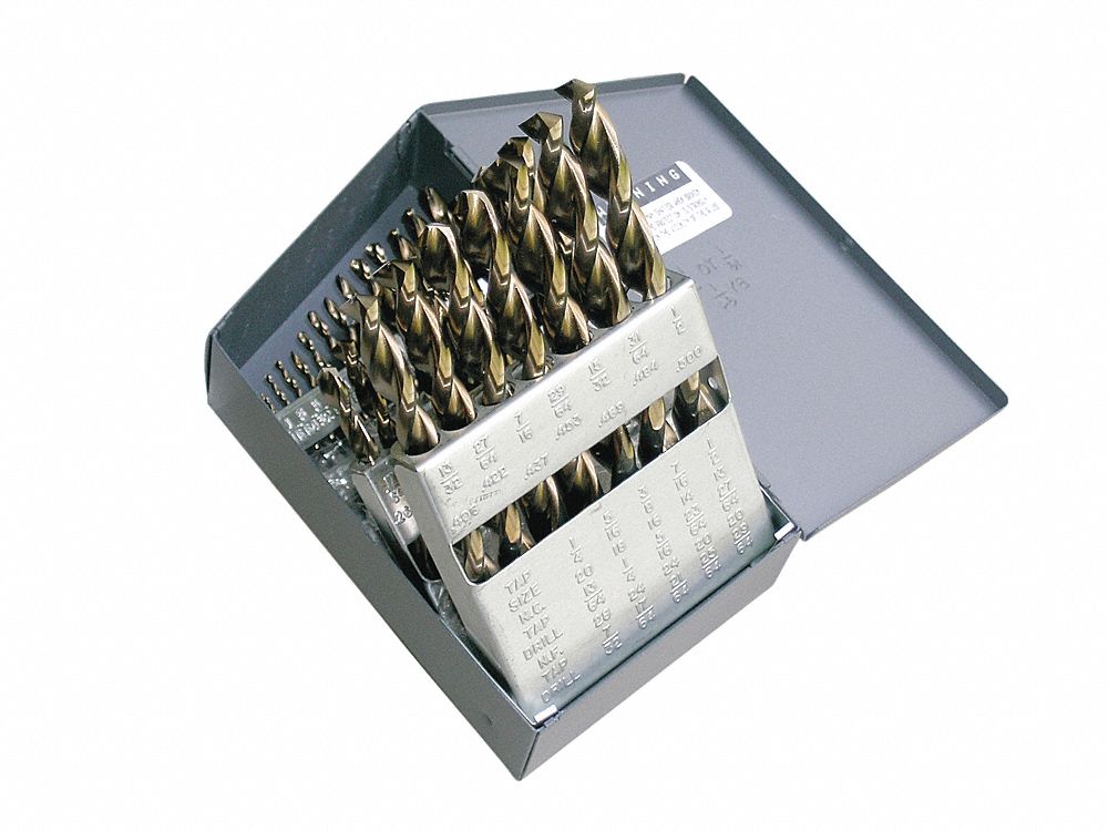 JOBBER LENGTH DRILL BIT SET, ⅜ IN SMALLEST DRILL BIT, 1/16 IN LARGEST DRILL BIT SIZE