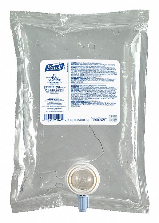 HAND SANITIZER, DISPENSER REFILL, KILLS 99.99% GERMS, CLEAR, GEL, 70% ETHYL ALCOHOL, 1000 ML, CA 8