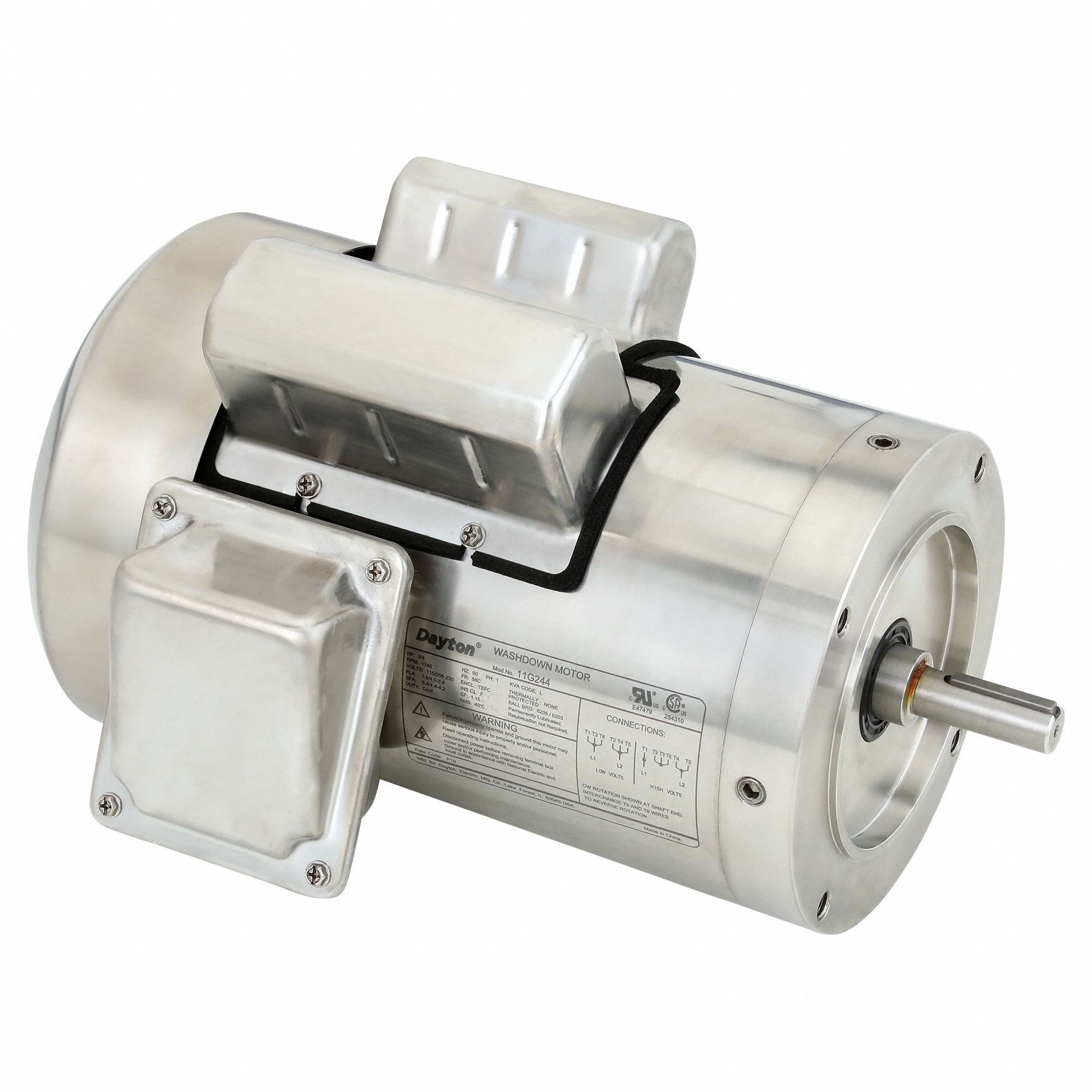 Washdown Motor: Capacitor-Start/Run, 3/4 hp Horsepower, 1, 745 RPM RPM, 115/208-230V AC, TEFC