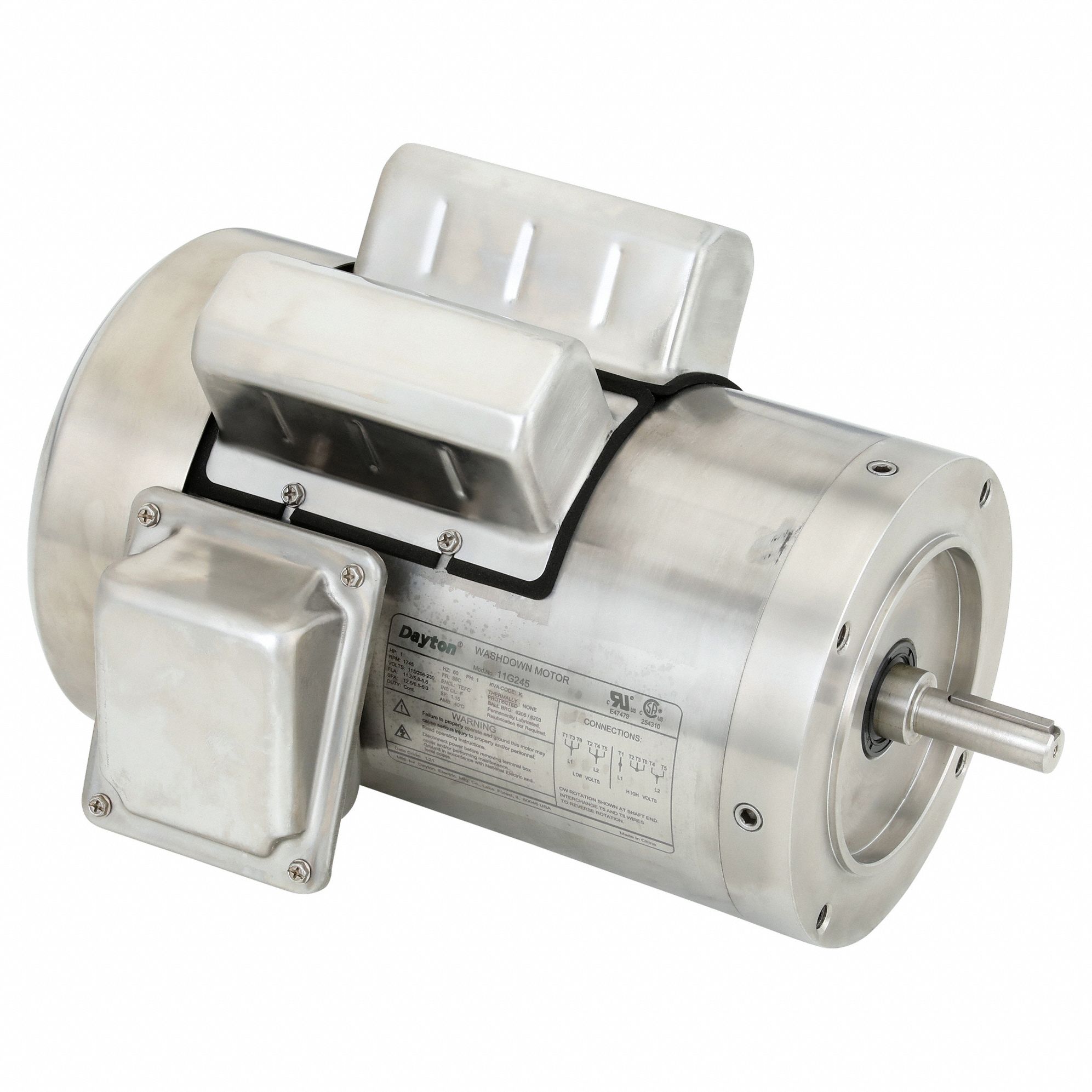 Washdown Motor: Capacitor-Start/Run, 1 hp Horsepower, 1, 745 RPM RPM, 115/208-230V AC, TEFC